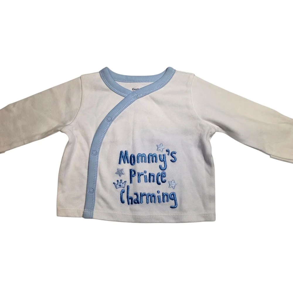 Embroidered White and Blue Baby Shirt Mommy's Prince Charming NWOT